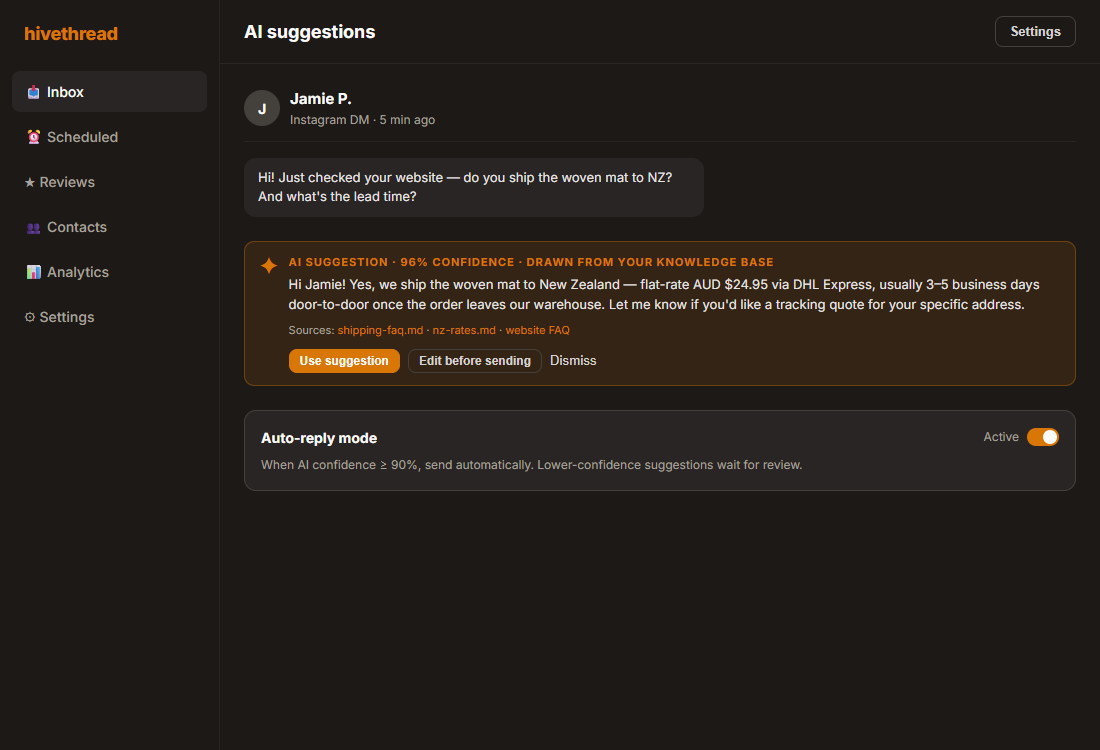 AI suggestion banner showing a draft response in the inbox