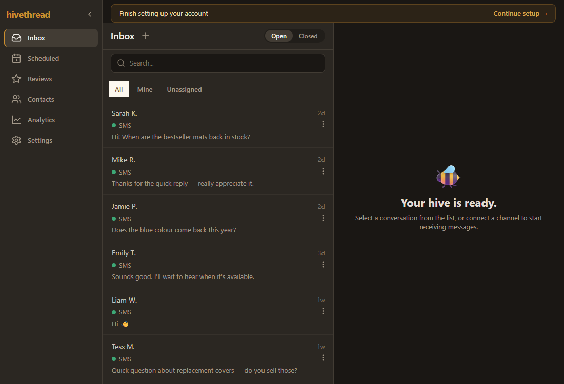 HiveThread unified inbox showing conversations from Messenger, Instagram, SMS, and webchat